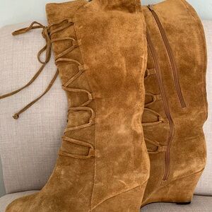 Aerosoles Suede Lace-Up Wedge Boots in Caramel Tan